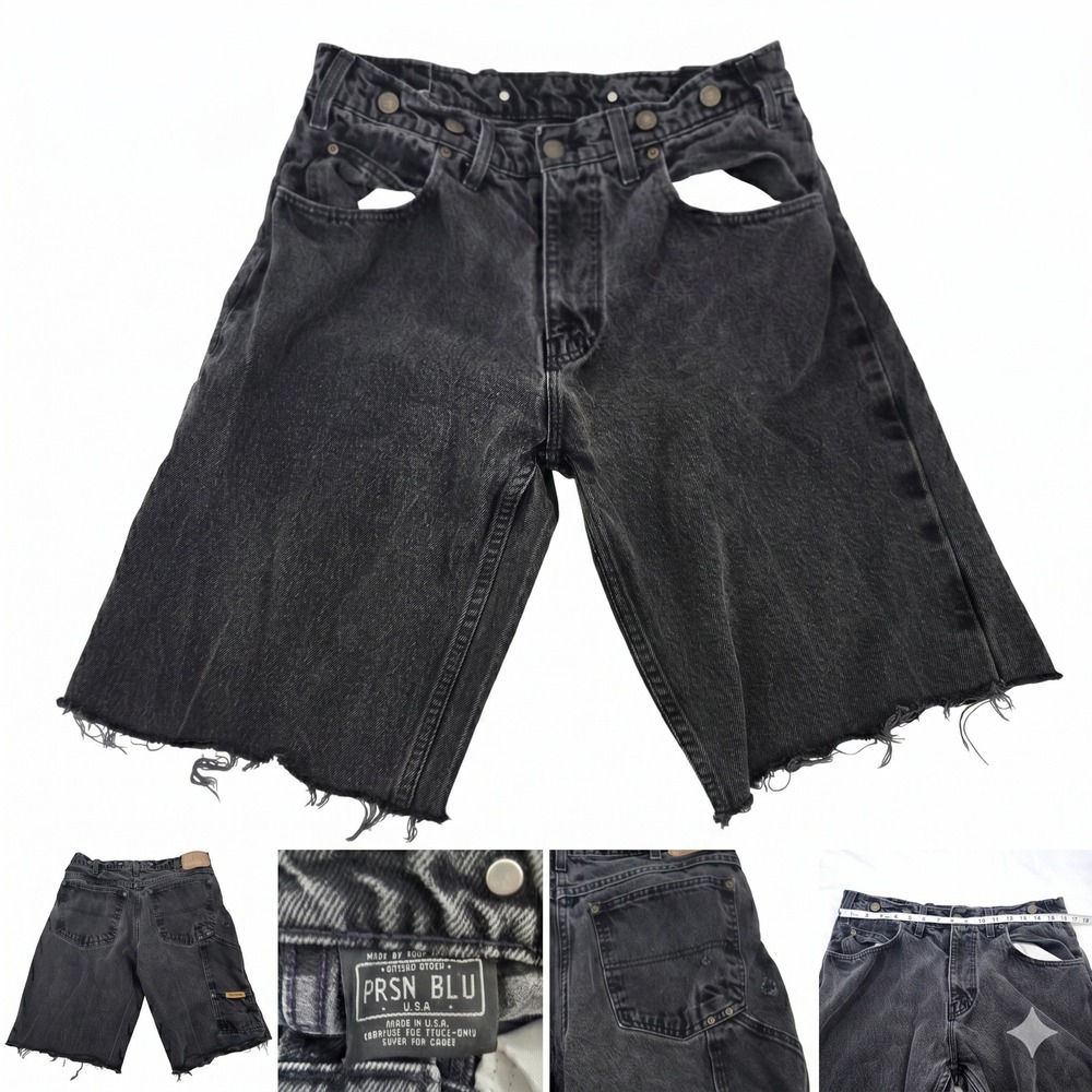 Prison Blues Jorts Shorts Mens 35 Black Denim Suspender USA Made Thrashed Cutoff